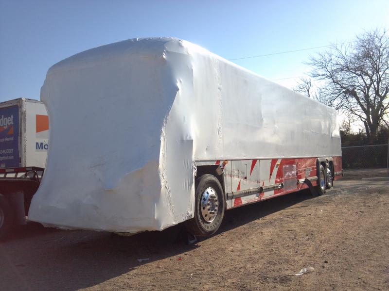 Bus wrapped for transport